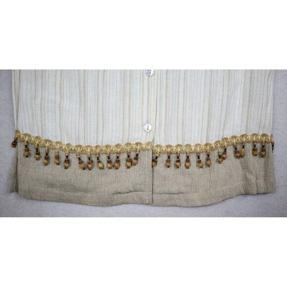 WOMEN'S BEIGE STRIPED SHORT SLEEVE BUTTON-UP TOP - CM SHAPES - BEADED FRINGE PM - Picture 5 of 10